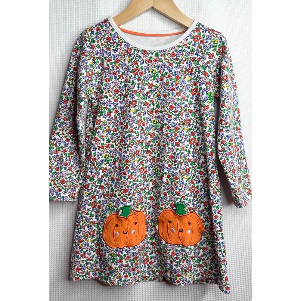 Girls Floral Pumpkin Applique Long Sleeve Cotton Dress Fall Halloween Size 5Y